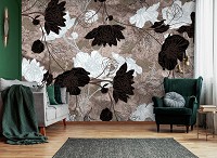Флизелиновые фотообои красивый узор 254x184 см Черно-белые цветы на коричневом фоне (13523V4)+клей
