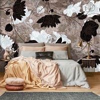 Флизелиновые фотообои 368x254 см Черно-белые цветы на коричневом фоне (13523V8) +клей