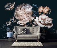 Флизелиновые фотообои 3D Цветы Пионы Розы 254 x 184 см Изумительный букет на черном фоне (13524V4)+клей