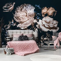 Флизелиновые 3D фотообои Цветы Пионы Розы 416x254 см Изумительный букет на черном фоне (13524VEXXXL)+клей