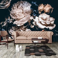 Флизелиновые фотообои 3D Цветы Пионы Розы Изумительный букет на черном фоне (13524V)+клей