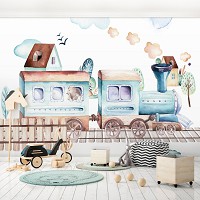 Флізелінові дитячі фотошпалери з дорогою 520x318 см Поїздка поїздом - локомотив (13526VEXXXXXL) +клей