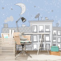 Флизелиновые детские фотообои для маленьких домики 312x219 см Ночные кошки на крышах (13527VEXXL) +клей