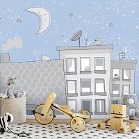 Флизелиновые детские фотообои для маленьких домики 368x280 см Ночные кошки на крышах (13527V10) +клей