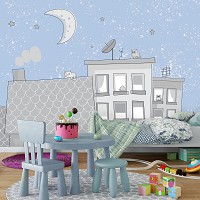 Флизелиновые детские фотообои для маленьких домики 460x300 см Ночные кошки на крышах (13527V12) +клей