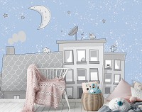 Флизелиновые детские фотообои для маленьких домики 368x254 см Ночные кошки на крышах (13527V8) +клей