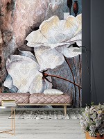 Флизелиновые фото обои Бежевая и коричневая структура 184x254 см Белые цветы на стене (13528V4A)+клей