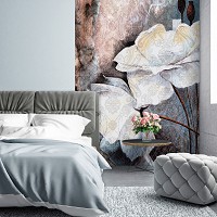 Флизелиновые фото обои Белые цветы на стене 206x275 см Бежевая и коричневая структура (13528VEA)+клей