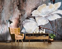 Флизелиновые фото обои Белые цветы на стене 254x184 см Бежевая и коричневая структура (13528V4)+клей