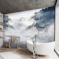 Флизелиновые фото обои природа 254x184 см Волки в тумане на потрескавшейся стене (13549V4)+клей