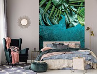 Флизелиновые фото обои 206 x 275 см Цветы - Листья на камне морского цвета (13551VEA)+клей