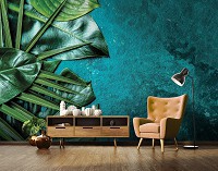 Флизелиновые фото обои зелень цветы 254 x 184 см Листья на камне морского цвета (13551V4)+клей