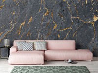 Мраморные флизелиновые фотообои 368 x 254 см Золотые прожилки на черном камне (13560V8)+клей