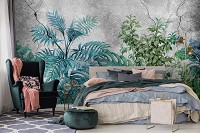 Флізелінові фотошпалери листя 416x254 см Квіти – зелені рослини на бетонній стіні (13576VEXXXL)+клей