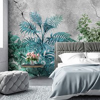 Флізелінові фотошпалери листя 368x254 см Квіти – зелені рослини на бетонній стіні (13576V8)+клей