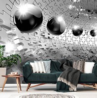 Флизелиновые фотообои для стен круги 3D 368 x 254 см Абстракция - Серые шары в тоннеле (13595V8)+клей