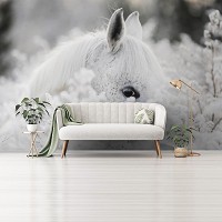 Флизелиновые фото обои с животными 254 x 184 см Белая лошадь в цветах (13598V4)+клей