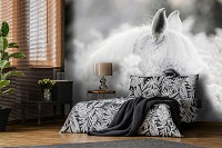 Флизелиновые фотообои в спальню над кроватью 416 x 254 см Животные - Белая лошадь в цветах (13598VEXXXL)+клей