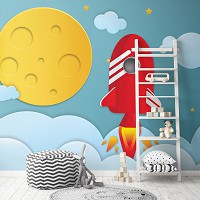Флизелиновые фотообои космос 368 x 254 см Детские - Ракета и луна (13606V8)+клей