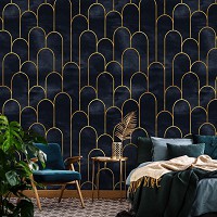 Флизелиновые фотообои на стену Стиль арт-деко Гламур Абстракция - Золотой мотив на черном камне (13616V)+клей