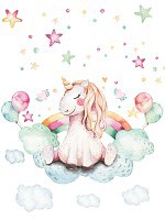 Флізелінові дитячі фото шпалери для стін 206x275 см Пастель Акварель Для маленької дівчинки Єдиноріг на хмаринці (13632VEA)+клей - вид 1 мініатюра