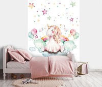 Флизелиновые фото обои для детей 184 x 254 см Пастель Акварель Для маленькой девочки Единорог на облачке (13632V4A)+клей