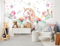 Флизелиновые фотообои с облаками 312 x 219 см Пастель Акварель Для девочки Детские - Единорог (13632VEXXL)+клей