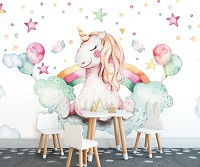 Флизелиновые фотообои 416 x 254 см Детские Акварель Для маленькой девочки - Единорог на облачке (13632VEXXXL)+клей