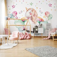 Флизелиновые фотообои с животными 368 x 280 см Детские для маленькой девочки - Единорог на облачке (13632V10)+клей
