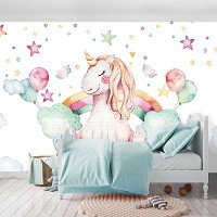 Флизелиновые фото обои облака Пастель Акварель Для маленькой девочки 254 x 184 см Детские - Единорог (13632V4)+клей