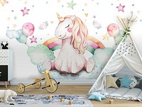 Флизелиновые фотообои воздушные шары в детскую 368x254 см Для маленькой девочки Единорог на облачке (13632V8)+клей