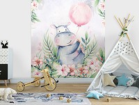 Флизелиновые детские фото обои для стен 184x254 см Цветы и бегемот в пастельных тонах для девочки (13638V4A)+клей