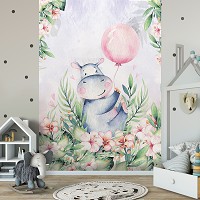 Флизелиновые фото обои для детской комнаты 206x275 см Цветы и бегемот в пастельных тонах для девочки (13638VEA)+клей