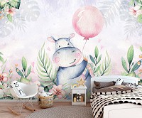 Детские флизелиновые фотообои 460x300 см Бегемот с воздушным шариком для девочки (13638V12) +клей