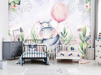 Флізелінові фотошпалери тварини Бегемот з повітряною кулькою в пастельних тонах для дівчинки (13638V)+клей