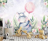 Дитячі флізелінові фотошпалери 312x219 см Бегемот з повітряною кулькою для дівчинки (13638VEXXL) +клей