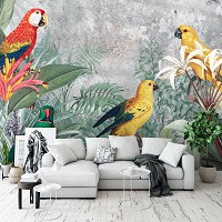 Флізелінові фотошпалери птахи 460x300 см Природа Екзотичні листя та папуги на бетоні (13646V12) +клей