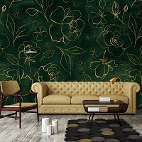 Листья флизелиновые фотообои 368 x 280 см Цветы - Золотые розы на зеленом фоне (13650V10)+клей