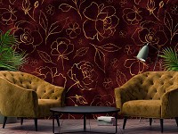 Флизелиновые фотообои 368 x 254 см Цветы - Золотые розы на красном фоне (13651V8)+клей