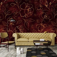 Флизелиновые фотообои 368 x 280 см Цветы - Золотые розы на красном фоне (13651V10)+клей