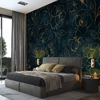 Флизелиновые фотообои 368 x 254 см Цветы - Золотые розы на синем фоне (13652V8)+клей