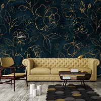 Флизелиновые фотообои листья 312 x 219 см Цветы - Золотые розы на синем фоне (13652VEXXL)+клей