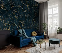 Флизелиновые фотообои 368 x 280 см Цветы - Золотые розы на синем фоне (13652V10)+клей