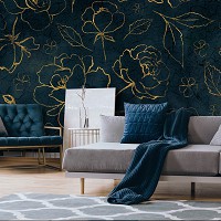 Листья флизелиновые фотообои 520 x 318 см Цветы - Золотые розы на синем фоне (13652VEXXXXXL)+клей