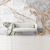 Флизелиновые фото обои под камень 312 x 219 см Белый мрамор с золотым декором (13668VEXXL)+клей