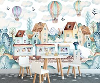 Флизелиновые фотообои облака 312 x 219 см Детские - Домики поезд и воздушные шары (13673VEXXL)+клей