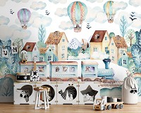 Флизелиновые фотообои воздушные шары в детскую домики и поезд (13673V)+клей