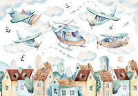 Флізелінові фотошпалери в дитячу кімнату 460x300 см Літаки та гелікоптери над будиночками (13675V12)+клей - вид 1 мініатюра