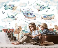 Флизелиновые фотообои облака в интерьере 416x254 см Самолеты и вертолеты над домиками в детскую (13675VEXXXL)+клей