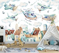 Флизелиновые фотообои в детской 416 x 290 см Самолеты и вертолеты над домиками (13675VEXXXXL)+клей